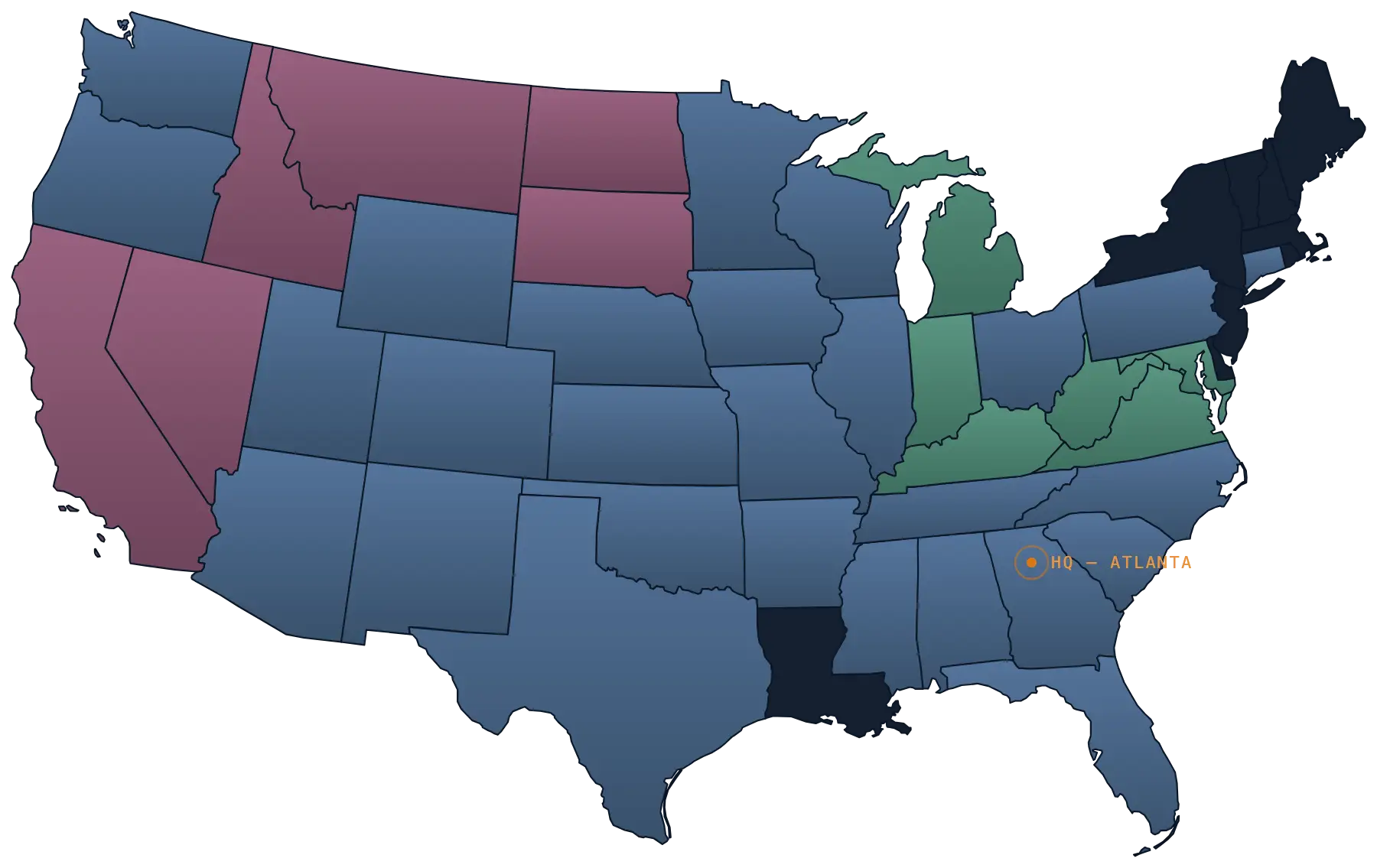 Map of TIE state coverage: Groups A, B and C across 48 states, HQ in Atlanta